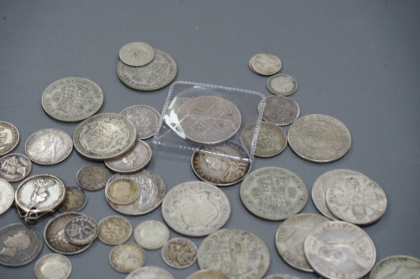 British silver coins, George III to George VI, including George II half crown, 1745, Lima, fine or better, numerous Victoria to George V halfcrowns and florins